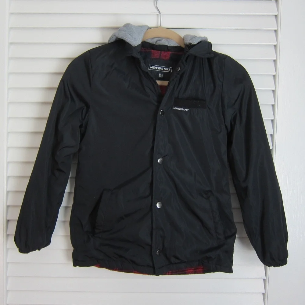 Kids Members Only Nylon Plaid Lined Jacket w/ Zip Away Sweatshirt Hood